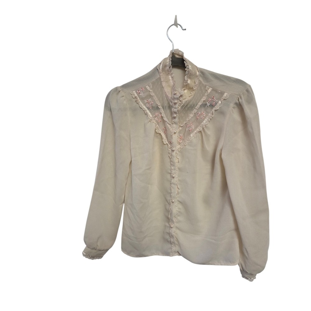 Vintage Prairie Victorian Lace Blouse High Neck Ruffle‎ Embroidered Cottagecore